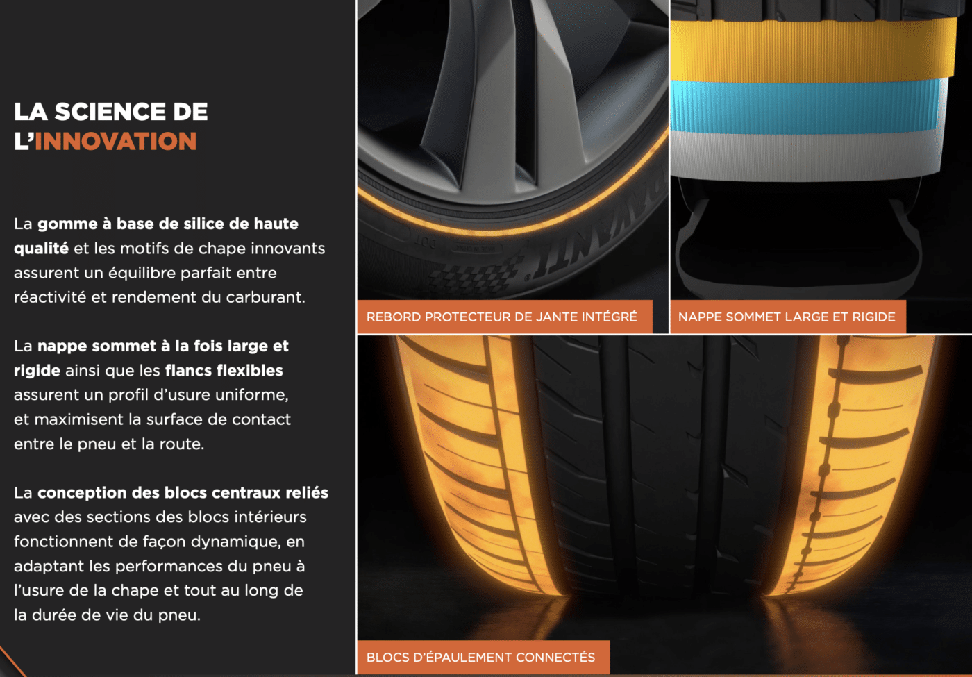 La gomme à base de silice de haute qualité et les motifs de chape innovants assurent un équilibre parfait entre réactivité et rendement du carburant.
La nappe sommet à la fois large et rigide ainsi que les flancs flexibles assurent un profil d’usure uniforme, et maximisent la surface de contact entre le pneu et la route.
La conception des blocs centraux reliés avec des sections des blocs intérieurs fonctionnent de façon dynamique, en adaptant les performances du pneu à l’usure de la chape et tout au long de
la durée de vie du pneu.